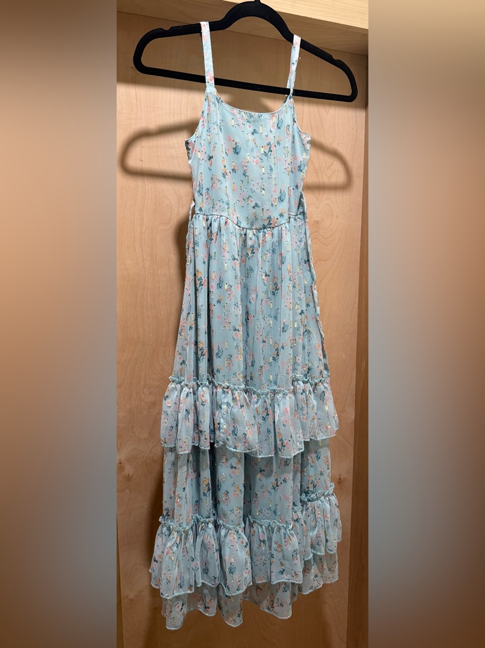 Girls Rare Editions Pale Blue Floral Ruffle Tiered Maxi Dress Size 8